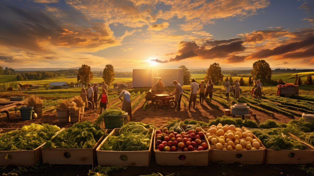 A vibrant sunset illuminates a bustling organic farm with bountiful baskets of freshly harvested organic vegetables in the foreground and farmers working in the fields.