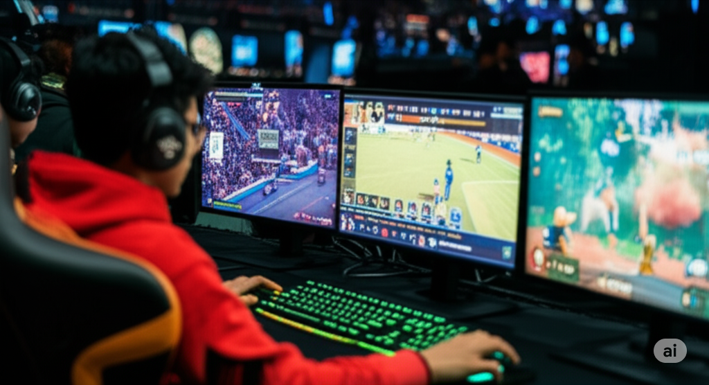 A dynamic graphic representing the Indian gaming industry, with a central figure playing a mobile game. The image is filled with vibrant colors and abstract elements like glowing network lines, a controller, and other icons symbolizing the interconnectedness and growth of gaming, esports, and technology in India