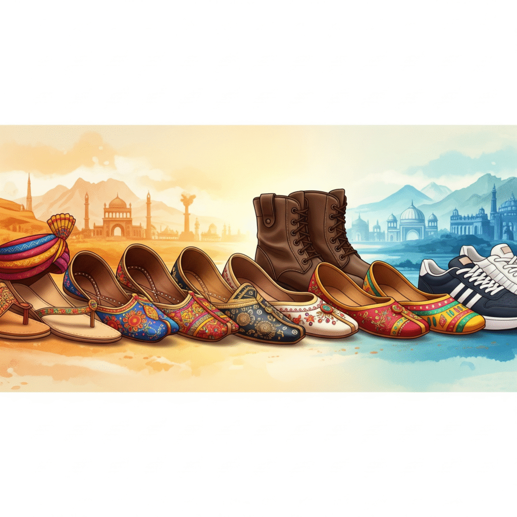 Diverse footwear from India on a journey, representing unity and cultural richness.
